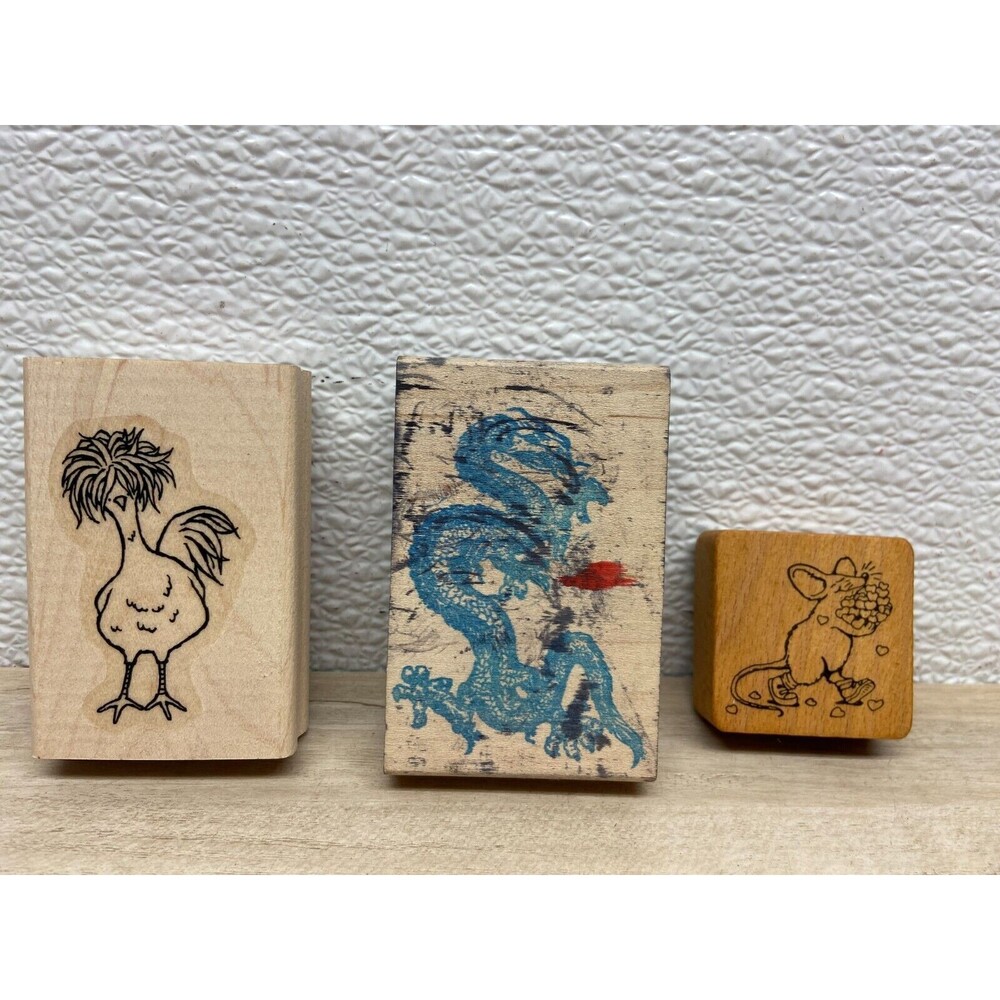 Set Of 3 Mixed Brands Wood Mounted Rubber Stamps